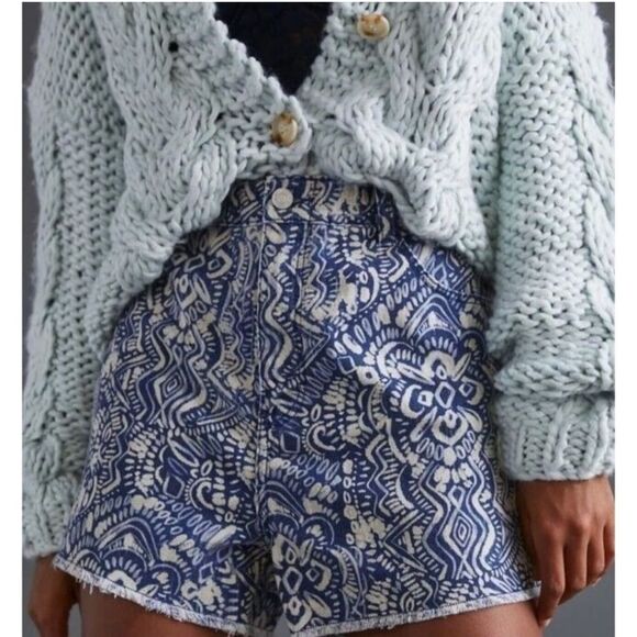 Anthropologie Pilcro Blue Motif Scrunchie High Waist Elastic Shorts NWT - Picture 1 of 7